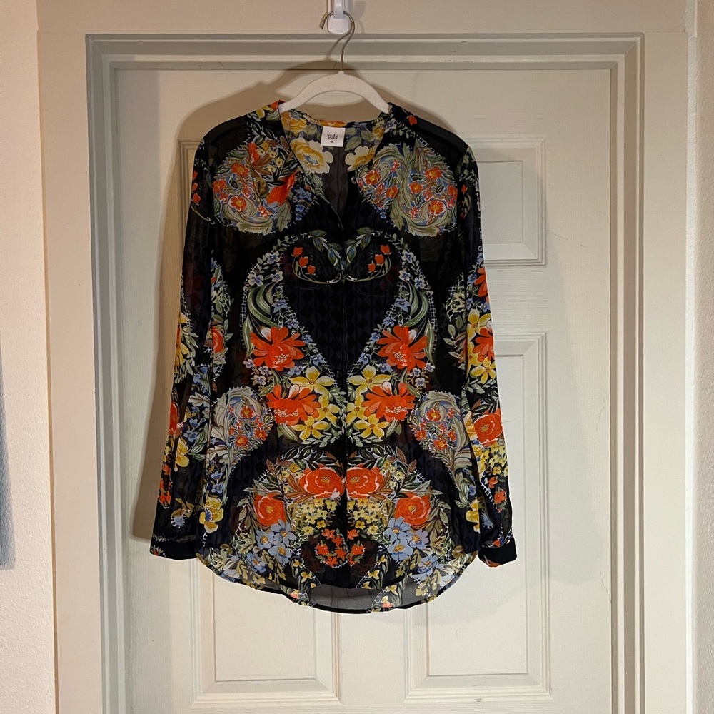 CAbi Black and Orange Floral Long Sleeve Blouse sheer